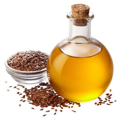 Bottle of linseed oil isolated on white background